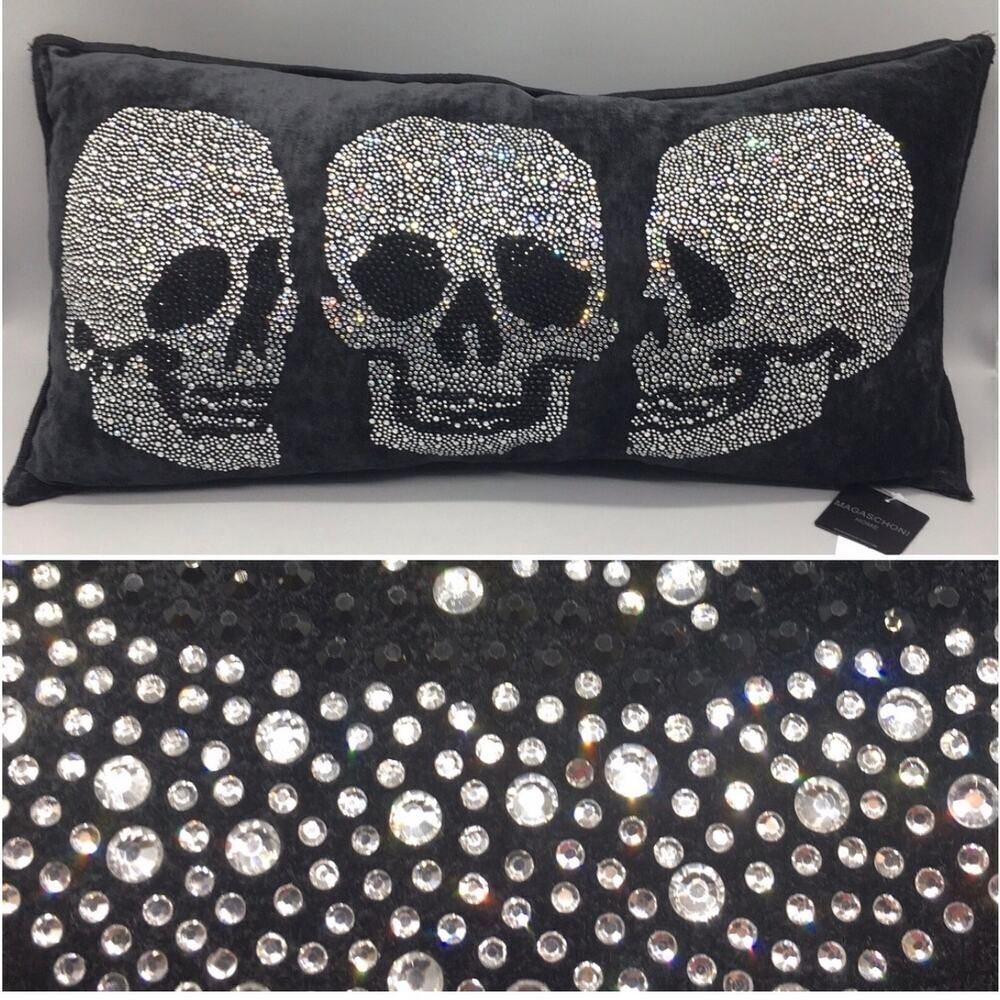 M. Magaschoni designer black velvet feather lumbar pillow accent/skulls bling